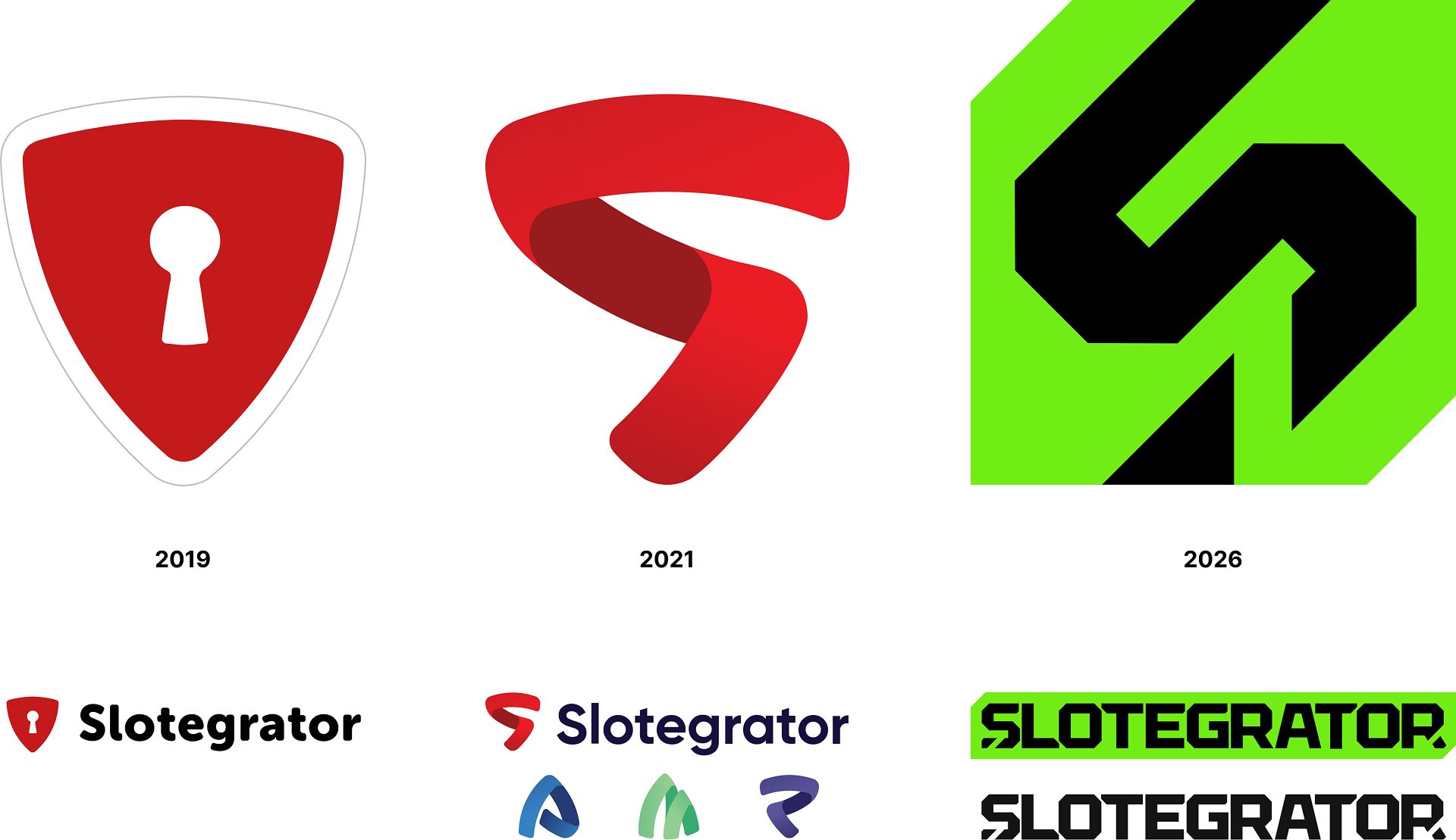 Evolution of the Slotegrator logo from 2019 to 2026